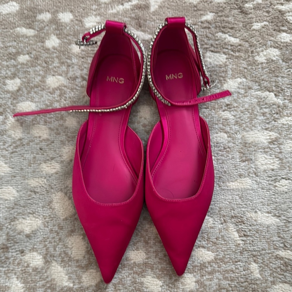 Mango Women's Pink Pointed Toe Flats with Rhinestone Strap